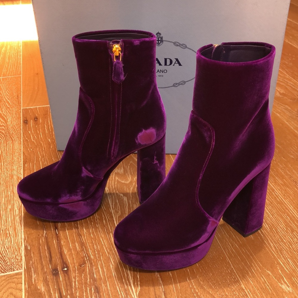 Prada Velvet 115 Magenta Platform Ankel Boots - 6 - Picture 2 of 15